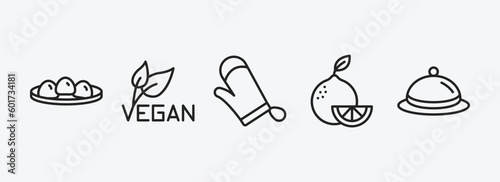 food outline icons set. food icons such as mantou, vegan, cooking mitts, citrus fruits, covered food tray vector. can be used web and mobile.