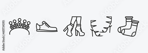 fashion outline icons set. fashion icons such as diadem, footwear, high heel boots, high heel sandals, warm sock vector. can be used web and mobile.