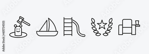 arcade outline icons set. arcade icons such as whack a mole, sailing boat, toboggan, glory, cinema seat vector. can be used web and mobile.
