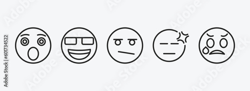 emoji outline icons set. emoji icons such as shocked emoji, nerd bored headache disappointed vector. can be used web and mobile.