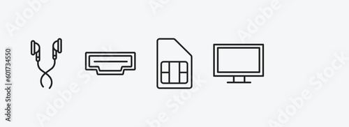 electronic devices outline icons set. electronic devices icons such as earphones, lisa, hdmi, sim, lcd vector. can be used web and mobile.