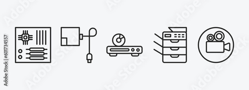 electronic devices outline icons set. electronic devices icons such as motherboard, magsafe, dvd player, copy hine, video recorder vector. can be used web and mobile.