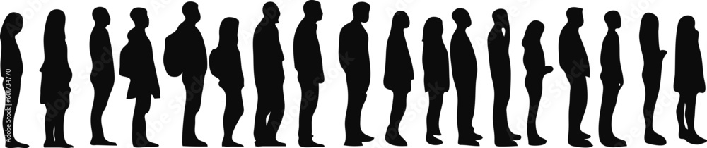 long queue line silhouette, mix between women and men