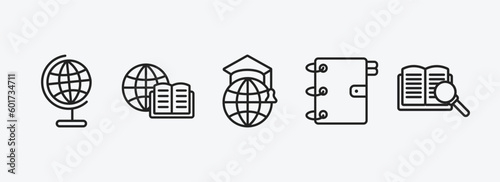 education outline icons set. education icons such as classroom globe, international studies, international graduate, school agenda, book and magnifier vector. can be used web and mobile.