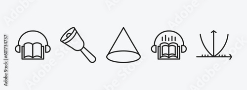 education outline icons set. education icons such as audio book, hand bell, cone geometrical, audiobook, parabolic function vector. can be used web and mobile.