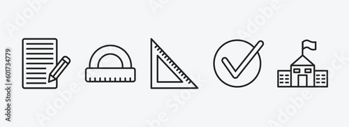 education outline icons set. education icons such as application form, semicircle with ruler, square, check mark, old school vector. can be used web and mobile.