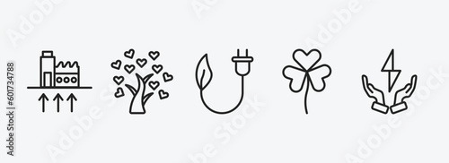 ecology outline icons set. ecology icons such as geothermal energy, tree of love, eco plug, shamrock, green energy source vector. can be used web and mobile.