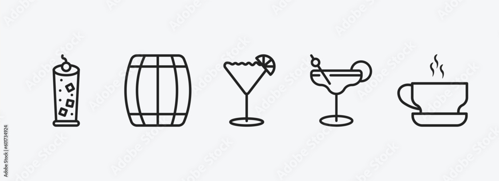 drinks outline icons set. drinks icons such as tom collins, cask, sidecar drink, margarita, espresso vector. can be used web and mobile. drinks outline icons set. drinks icons such as tom collins, cask, sidecar drink, margarita, espresso vector. can be used web and mobile.