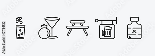 drinks outline icons set. drinks icons such as fruit juice, pomegranate martini, picnic table, pub, rum vector. can be used web and mobile.