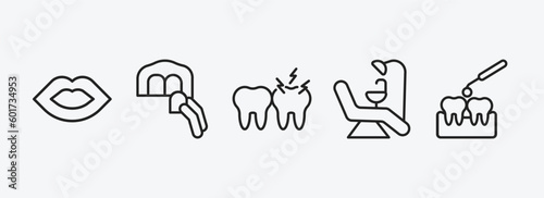 dentist outline icons set. dentist icons such as mouth, dental veneer, toothache, dentist chair, interproximal vector. can be used web and mobile.