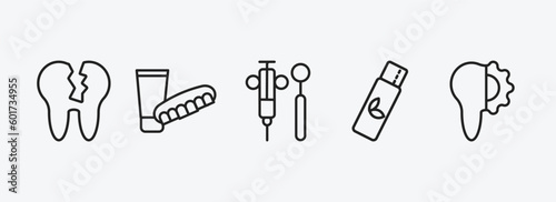 dentist outline icons set. dentist icons such as damaged tooth, dentures, dental hook, chewing gum, apicoectomy vector. can be used web and mobile.