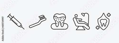 dentist outline icons set. dentist icons such as empty syringe, toothbrushes, dental plaque, examination, dental protection vector. can be used web and mobile.