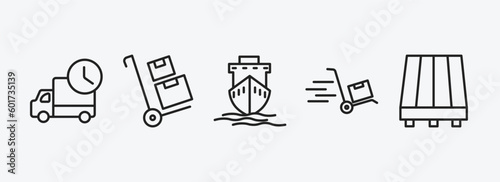 delivery and logistic outline icons set. delivery and logistic icons such as mind eraser drink, package on trolley, ship by sea, moving, pallet vector. can be used web and mobile.