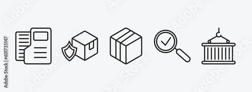 delivery and logistic outline icons set. delivery and logistic icons such as dossier, delivery shield, box, inspection, container hanging vector. can be used web and mobile.