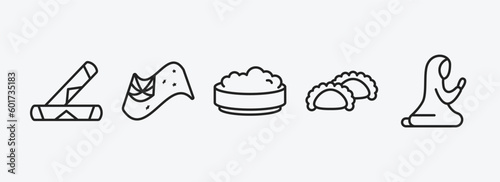 cultures outline icons set. cultures icons such as spring rolls, australian flag, rice pudding, meat pie, muslim praying vector. can be used web and mobile.