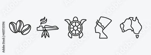 culture outline icons set. culture icons such as coffee grains, calumet, surfing a sea turtle, nefertiti, australian continent vector. can be used web and mobile.