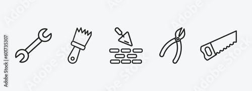 construction tools outline icons set. construction tools icons such as repair wrench, builder brush, construction works, clipper, carpenter saw vector. can be used web and mobile.