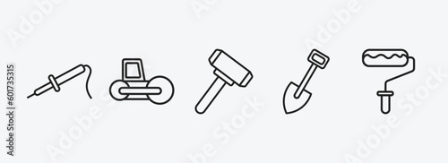construction tools outline icons set. construction tools icons such as iron soldering, road roller, sledge hammer, spade tool, painter roller vector. can be used web and mobile.