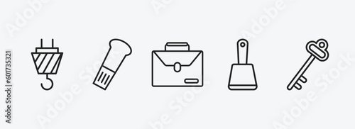 construction tools outline icons set. construction tools icons such as hook with cargo, wedge tool, businessman portfolio, bolster, antique key vector. can be used web and mobile.