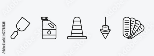 construction tools outline icons set. construction tools icons such as gardening palette, gallon oil, road construction, plumb bob, pantone vector. can be used web and mobile.