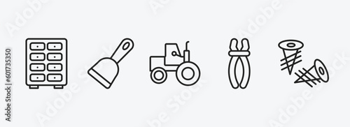 construction outline icons set. construction icons such as big clo, scraper, steamroller, inclined clippers, two screws vector. can be used web and mobile.