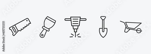 construction tools outline icons set. construction tools icons such as hand saw, putty knife, jackhammer, spade, wheel barrow vector. can be used web and mobile.