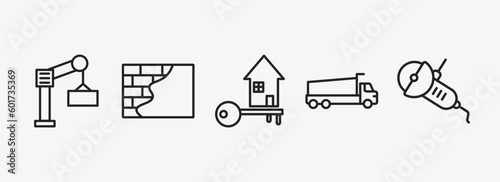 construction outline icons set. construction icons such as derrick with boxes, concrete, home key, tipper, angle grinder vector. can be used web and mobile.