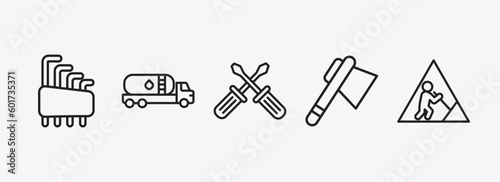 construction outline icons set. construction icons such as hex key, tank truck, screwdrivers, inclined ax, working vector. can be used web and mobile.