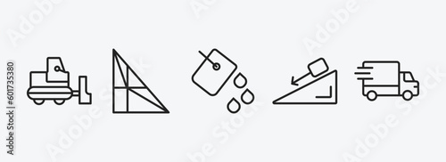 construction outline icons set. construction icons such as little snowplow, joist, paint bucket, inclined, truck with freight vector. can be used web and mobile.