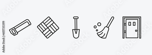 construction outline icons set. construction icons such as hacksaw, paver, short shovel, sweeping broom, big door vector. can be used web and mobile.