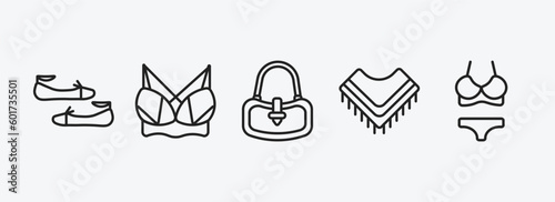 clothes outline icons set. clothes icons such as flat shoes, brassiere, hobo bag, shawl, lingerine vector. can be used web and mobile.