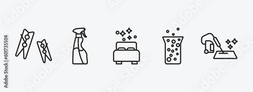cleaning outline icons set. cleaning icons such as clothes peg, cleaning spray, clean room, hard water, carpet vector. can be used web and mobile.