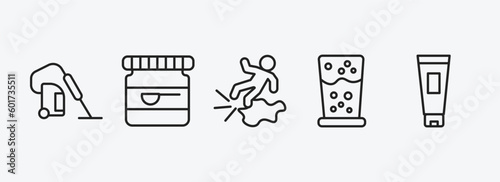 cleaning outline icons set. cleaning icons such as hoover, baking soda, slippery, emulsion, cream vector. can be used web and mobile.