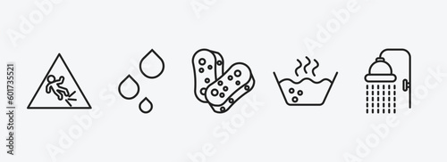 cleaning outline icons set. cleaning icons such as wet floor, liquid, scouring pads, hot water, shower head vector. can be used web and mobile.