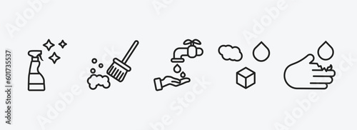cleaning outline icons set. cleaning icons such as glass cleaner, sweeping, hand wash, states of matter, acid vector. can be used web and mobile.