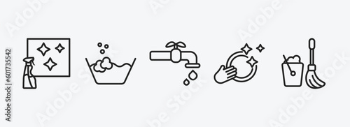 cleaning outline icons set. cleaning icons such as glass cleaning, wash, tap, washing dishes, mop vector. can be used web and mobile.