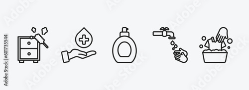 cleaning outline icons set. cleaning icons such as dusting, sanitize, perfume cleanin, hands cleanin, washing clothes vector. can be used web and mobile.