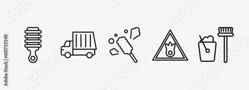 cleaning outline icons set. cleaning icons such as suspension, garbage truck cleanin, duster, oxidizing agent, dustpan cleanin vector. can be used web and mobile. photo