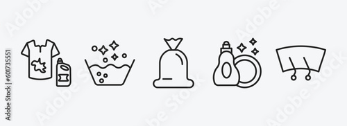 cleaning outline icons set. cleaning icons such as stain remover, soak, trash bag, dishwashing detergent, wiper vector. can be used web and mobile.