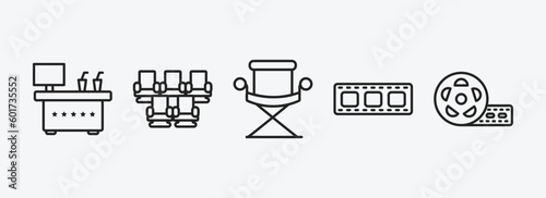 cinema outline icons set. cinema icons such as cinema snack bar, theatre seats, director film chair, film negatives, big film roll vector. can be used web and mobile.