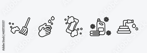cleaning outline icons set. cleaning icons such as broom cleanin, washing hand, hand soap, softener, garden hose vector. can be used web and mobile.