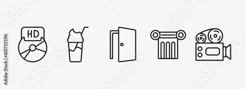 cinema outline icons set. cinema icons such as hd dvd, smoothie with straw, doorway, theatre pillar, old projector vector. can be used web and mobile.