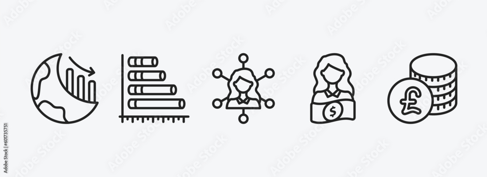 business outline icons set. business icons such as globe analytics, horizontal bar chart, multitasking woman, woman with money, pounds coins stack vector. can be used web and mobile.