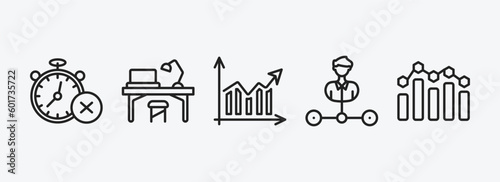 business and analytics outline icons set. business and analytics icons such as time out, workplace, increasing stocks, department head, bar stats vector. can be used web and mobile.