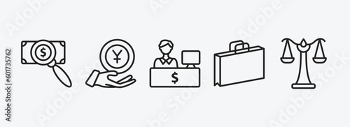 business outline icons set. business icons such as dollar business search, yen coin on hands, bank teller, two shopping bags, scale in balance vector. can be used web and mobile.