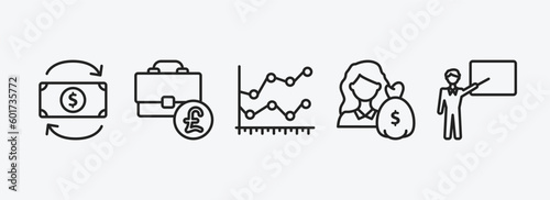 business outline icons set. business icons such as return of investment, pounds bag of business, line chart statistics, woman with dollar bill, man presentation vector. can be used web and mobile.