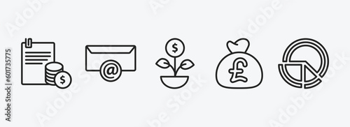 business outline icons set. business icons such as stock dealing  email contacts  money investment  pounds money bag  pie chart file vector. can be used web and mobile.