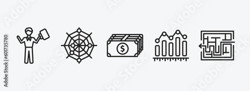 business outline icons set. business icons such as man succesing, spider chart, american dollar bill, measure success, maze game vector. can be used web and mobile.
