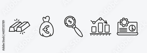business outline icons set. business icons such as ingot, euro money bag, money searcher, business graph, laptop analysis vector. can be used web and mobile.