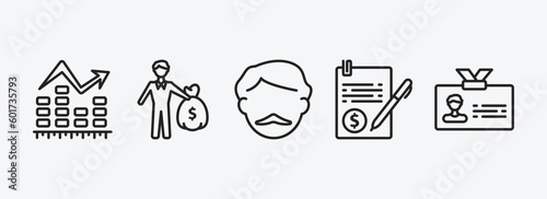 business outline icons set. business icons such as ascendant graph, man carrying money, man with moustach, bailment, club card vector. can be used web and mobile.